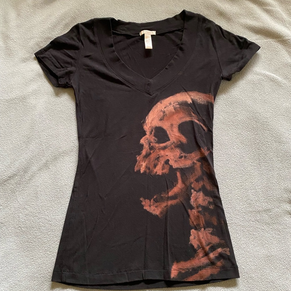 DYI Black and Brown Skull Graphic V-Neck Tee OOAK M